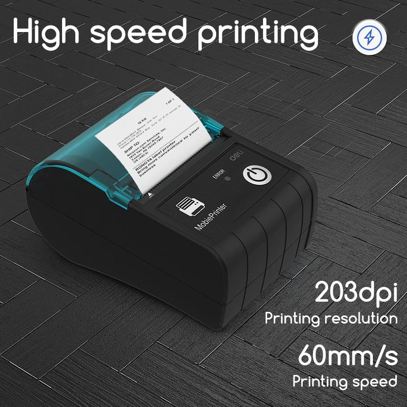 Deli S421 طابعة إيصالات محمولة - 203dpi، بلوتوث، USB، ورق 48مم