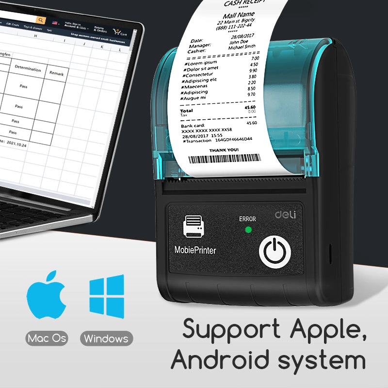 Deli S421 طابعة إيصالات محمولة - 203dpi، بلوتوث، USB، ورق 48مم